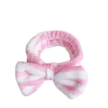 Pink and white striped coral fleece headband with large soft plush bow design - Pink Stripe