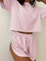 Detail of pink and white striped two-piece lounge set with drawstring waist and pocket - S / Pink Stripe