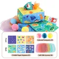 Infant dinosaur tissue box toy set with sensory crinkle papers and colorful scarves - Space Dinosaur Tissue Box (3 Square Cloths + 8 Silk Scarves + 3 Plush Balls) (1906-6A)