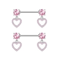 Pink heart-shaped zircon nipple rings in silver-tone stainless steel finish - Dangle Heart Nipple Rings Pair