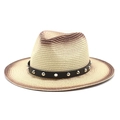 Detail of rivet leather band and gradient weave texture on straw jazz hat - M (56-58cm) / Beige + Khaki