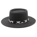 Flat top black straw sun hat with cow print ribbon and silver buckle for summer beach - M (56-58cm) / Black