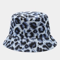 Close-up of light blue leopard print bucket hat with reinforced stitching on the brim - Light Blue Leopard (5#)