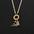 14K gold plated stainless steel necklace featuring letter Z and pink rhinestone pendant - Letter Y