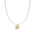 Elegant pearl necklace with gold letter M pendant and shimmering cubic zirconia stones - M