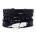 Mehrlagiges Lederarmband für Herren mit silbernem Federanhänger und Holzperlen - 4-teiliges Feder-Set / Schwarz
