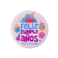 Detailed close-up of a pink tinplate birthday badge with Spanish party greetings - Style 4 (Pink)