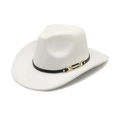 Classic white western cowboy hat with black leather band and gold buckle on white background - M (56-58cm) / White