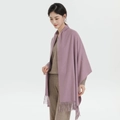 Pink purple cashmere feel scarf with fringe tassels for winter wear shown on model - Wool Style / 200x70cm / Pink Purple