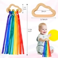 Rainbow ribbon baby rattle with cloud-shaped beech wood handle, bells, and dimensions - Large Bell Style