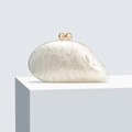 Elegant white shell-shaped acrylic evening clutch bag with marble texture and gold spheres - Milky White