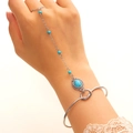 Detail view of silver hand harness with turquoise stones and bohemian lace styling - Silver Retro Oval Style (N-160)