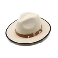 Beige fedora hat with black binding and brown leather belt featuring metal buckle - M(56-58cm) / Beige