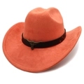 Close-up of orange suede cowboy hat with bronze bull head emblem and leather strap - M (56-58cm) / Orange