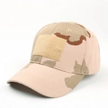 Detailed side view of camouflage baseball cap with ripstop fabric and velcro patch area - Adjustable / American Three-color Desert Camo