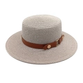 Detail of woven straw hat featuring a brown leather band and gold decorative buckles - M (56-58cm) / Light Gray