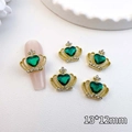 Detail of 13x12mm gold crown nail art charm with green heart gem and rhinestones - Gold-Green