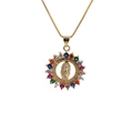 Gold Virgin of Guadalupe pendant necklace with colorful zirconia on a box chain - Round Pendant-O Chain / Gold-Multicolor Gems