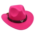 Detail of magenta felt cowboy hat with silver bull skull emblem and studded hatband - Kids One Size(52-54cm) / Rose Red (Bull Head)