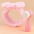Set brosse visage en silicone rose 2-en-1 avec bandeau à nœud pour nettoyage quotidien - Rose (Bandeau + Brosse)