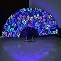 Fluorescent rainbow folding fan with butterfly pattern and wooden display stand - Butterfly Blue Purple UV Glow A57 (With Stand)