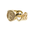 Detailed side view of golden adjustable open ring featuring heart-shaped letter E cutout - Letter F