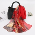 Fashionable red georgette silk scarf with yellow floral pattern draped on black handbag - 160*50CM / YSY071-8# Bright Red