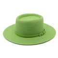 Cappello di paglia boater verde chiaro con corona piatta e fascia in pelle per l'estate - M (56-58cm) / Verde Erba