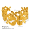 Bracciale rigido in acciaio titanio dorato con foglie e dettagli sulle dimensioni - Oro [Mazzo di Fiori Traforato]