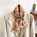 Floral print long silk scarf styled on a white blazer lapel with elegant warm tones - Flesh Pink Warm Tone Floral (LJ21-H136)