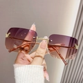 Y2K rimless square sunglasses with gradient purple lenses and diamond butterfly accents - Gold Frame Gray Pink Lens
