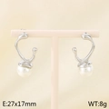 Silver bow earrings with white pearl drop, minimalist stainless steel jewelry design - Flowing Curve Pearl Style (Style A Silver KE113304-KFC)