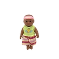 Detailed view of dark-skinned baby doll wearing a bee top and striped sun hat - 18CM Boy Doll Style 1
