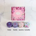 Gift set of four scented soy wax candles in floral tin cans with elegant pink gift box - Floral Style A (Violet/Vanilla/Jasmine/Camellia)