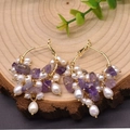 Handmade bohemian gold hoop earrings featuring purple amethyst stones and natural pearls - Amethyst Set Hoops