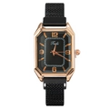 Women's rose gold rectangular quartz watch with black Milanese magnetic band on white background - Black