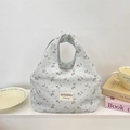 Light blue corduroy lunch bag with vintage red floral print and top handles - Blue