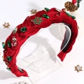 Serre-tête de Noël tressé en velours rouge avec strass festifs et pendentifs - Modèle Tressé / Rouge Vif
