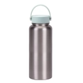 Brushed stainless steel water bottle with a mint green cap and portable carry loop - Silver-Cyan White Lid