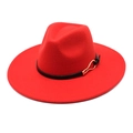 Classic red wide brim wool fedora hat with black belt and elegant gold metal buckle - M (56-58cm) / Red