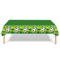 Green soccer themed tablecloth with field pattern and soccer ball prints for party decor - Rectangular Soccer Tablecloth