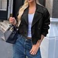 Women's black double-breasted cropped casual jacket with lapels for autumn fashion - S / Black