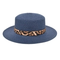 Dettaglio cappello paglia blu scuro con nastro leopardato e rivetto dorato - M (56-58cm) / Blu navy