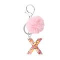 Letter X keychain with pink faux fur pompom and colorful heart-shaped glitter sequins - Letter X