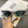 Close-up of cat-eye sunglasses featuring vibrant AB rhinestones on black frames - Grey Lens