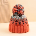 Dicke Strickmütze mit bunten Bommeln, Patchwork-Design und warmem geripptem Umschlag - Einheitsgröße / Orange