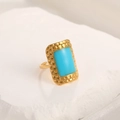 Vintage gold adjustable ring with a large rectangular turquoise stone on a stone base - Adjustable Open / 18K Gold Plated Square Blue