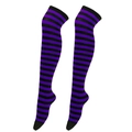 Thigh-high stockings with classic horizontal black and purple striped knit pattern - One Size / Blue-Purple & Black Thin Stripes