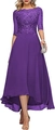 Elegant purple lace and chiffon evening dress with a high-low hem and medium sleeves - US size 12 (L) / Bottoms / Purple