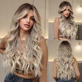 Detalles de peluca larga ondulada rubia ombré con flequillo, vistas frontal y trasera - Degradado Gris